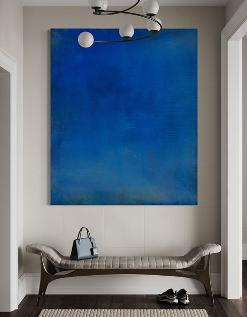 Abstract painting with opulent royal blue and gold tones, featuring an abstracted gilded silhouette, evoking Old World majesty and modern abstraction.